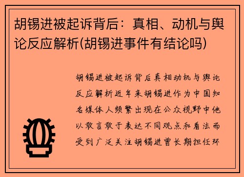 胡锡进被起诉背后：真相、动机与舆论反应解析(胡锡进事件有结论吗)