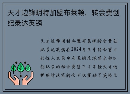 天才边锋明特加盟布莱顿，转会费创纪录达英镑