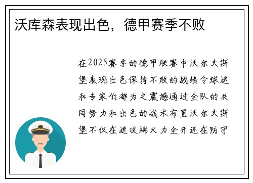 沃库森表现出色，德甲赛季不败