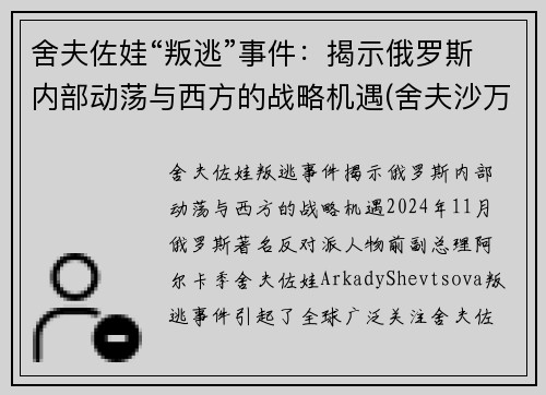 舍夫佐娃“叛逃”事件：揭示俄罗斯内部动荡与西方的战略机遇(舍夫沙万高清)