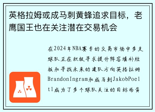 英格拉姆或成马刺黄蜂追求目标，老鹰国王也在关注潜在交易机会