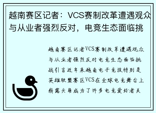 越南赛区记者：VCS赛制改革遭遇观众与从业者强烈反对，电竞生态面临挑战
